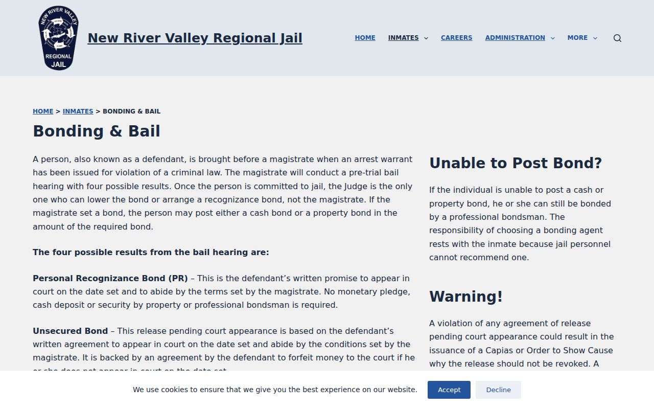Bland County warrant arrest: New River Valley Regional Jail bonding information