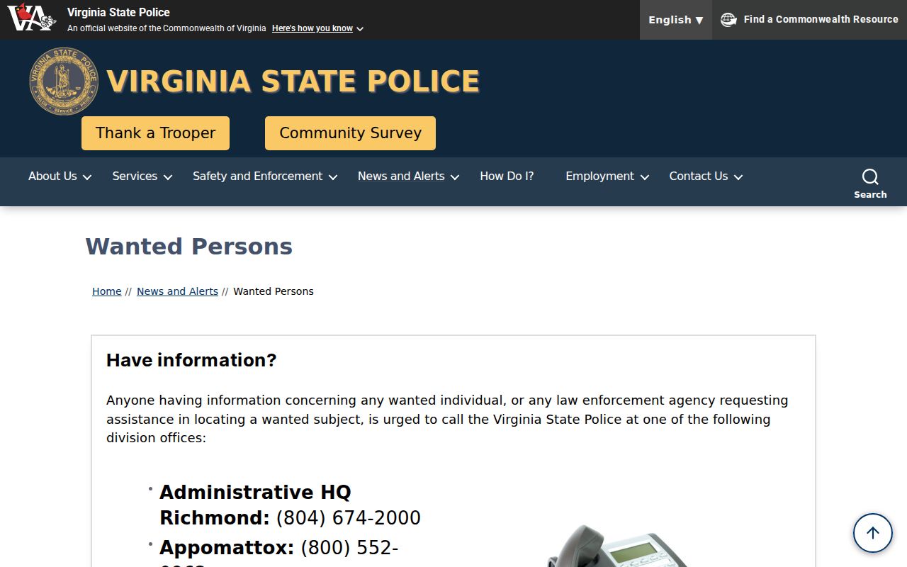 Bland County most wanted information: Virginia State Police program page