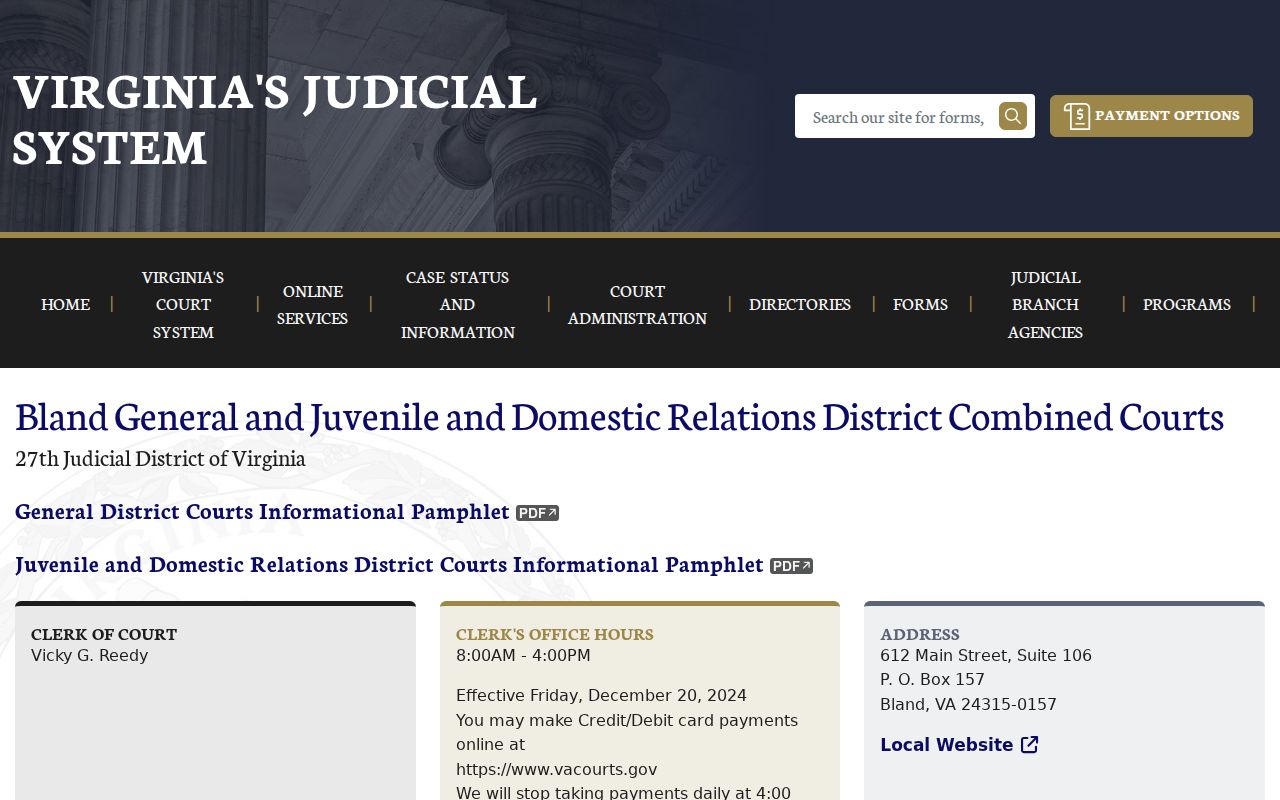 Bland County municipal warrant routing: combined General District and JDR court page